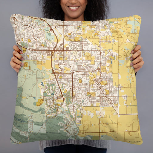 Person holding 22x22 Custom Brentwood California Map Throw Pillow in Woodblock