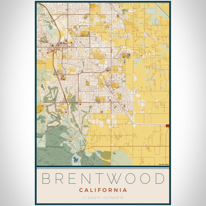 Brentwood California Map Print Portrait Orientation in Woodblock Style With Shaded Background