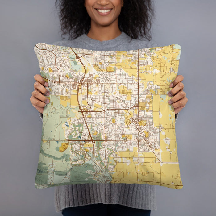 Person holding 18x18 Custom Brentwood California Map Throw Pillow in Woodblock