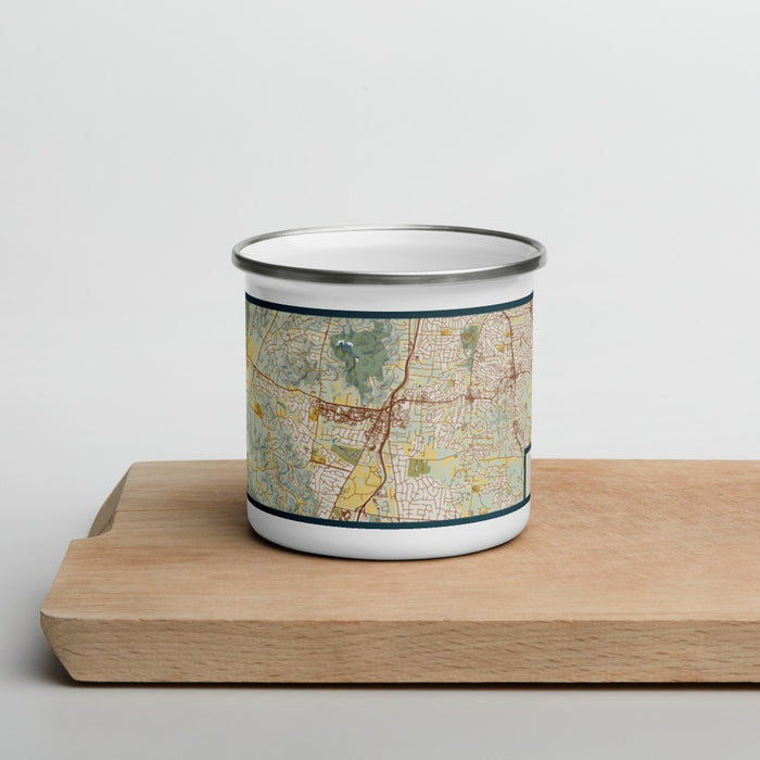 Front View Custom Brentwood Tennessee Map Enamel Mug in Woodblock on Cutting Board
