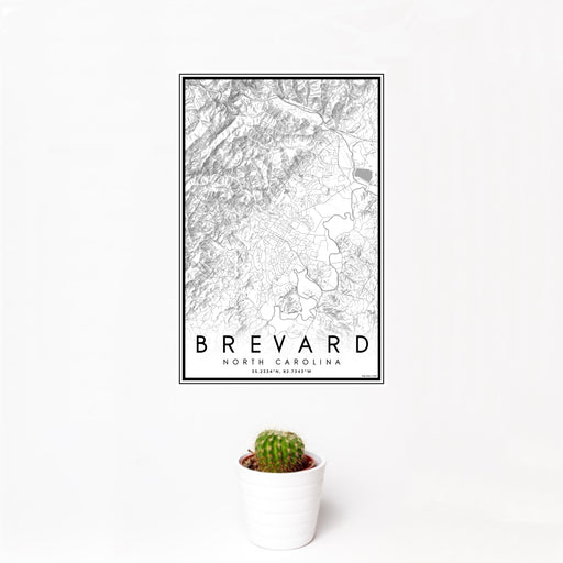 12x18 Brevard North Carolina Map Print Portrait Orientation in Classic Style With Small Cactus Plant in White Planter