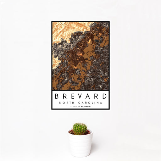 12x18 Brevard North Carolina Map Print Portrait Orientation in Ember Style With Small Cactus Plant in White Planter