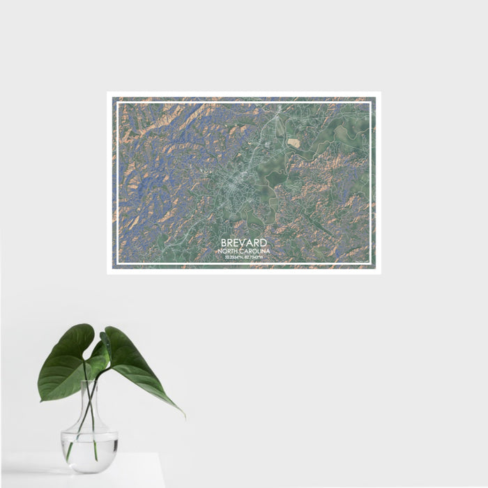 16x24 Brevard North Carolina Map Print Landscape Orientation in Afternoon Style With Tropical Plant Leaves in Water