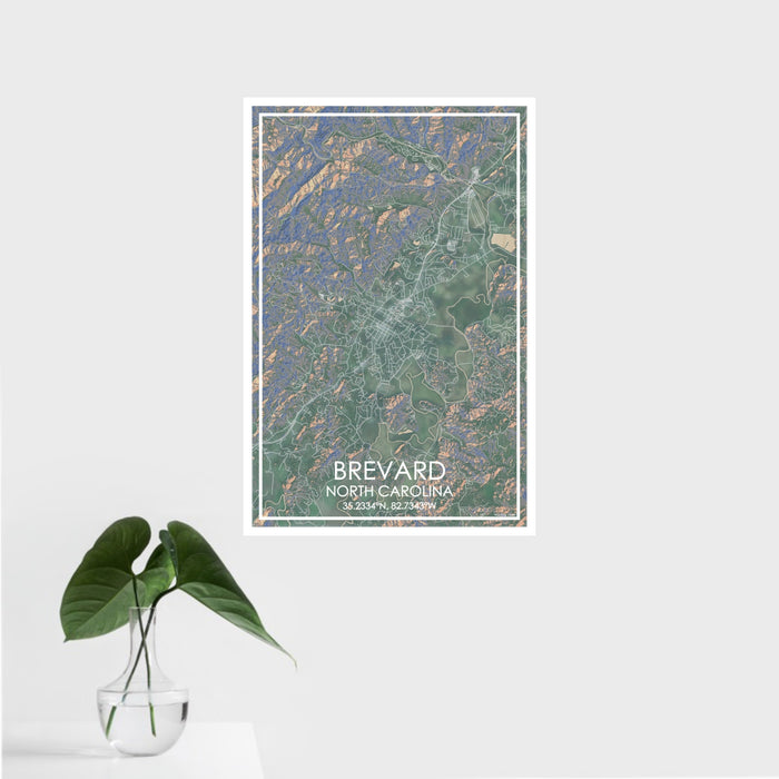 16x24 Brevard North Carolina Map Print Portrait Orientation in Afternoon Style With Tropical Plant Leaves in Water