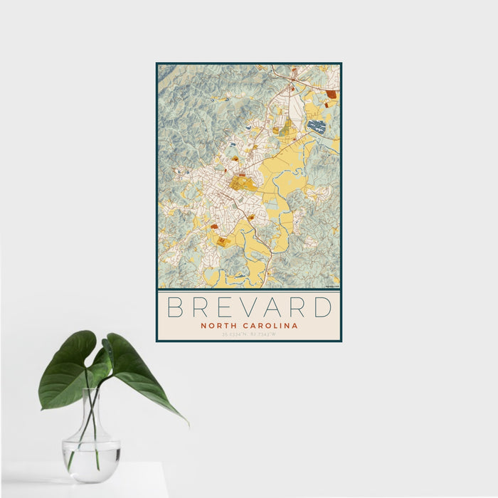 16x24 Brevard North Carolina Map Print Portrait Orientation in Woodblock Style With Tropical Plant Leaves in Water