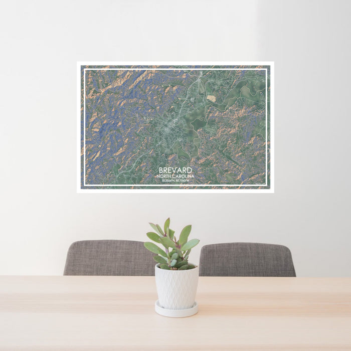 24x36 Brevard North Carolina Map Print Lanscape Orientation in Afternoon Style Behind 2 Chairs Table and Potted Plant