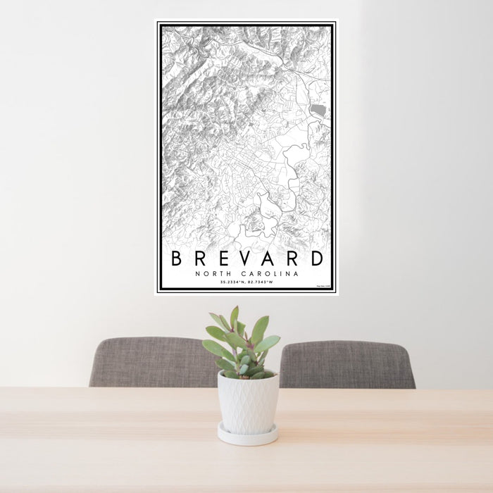 24x36 Brevard North Carolina Map Print Portrait Orientation in Classic Style Behind 2 Chairs Table and Potted Plant