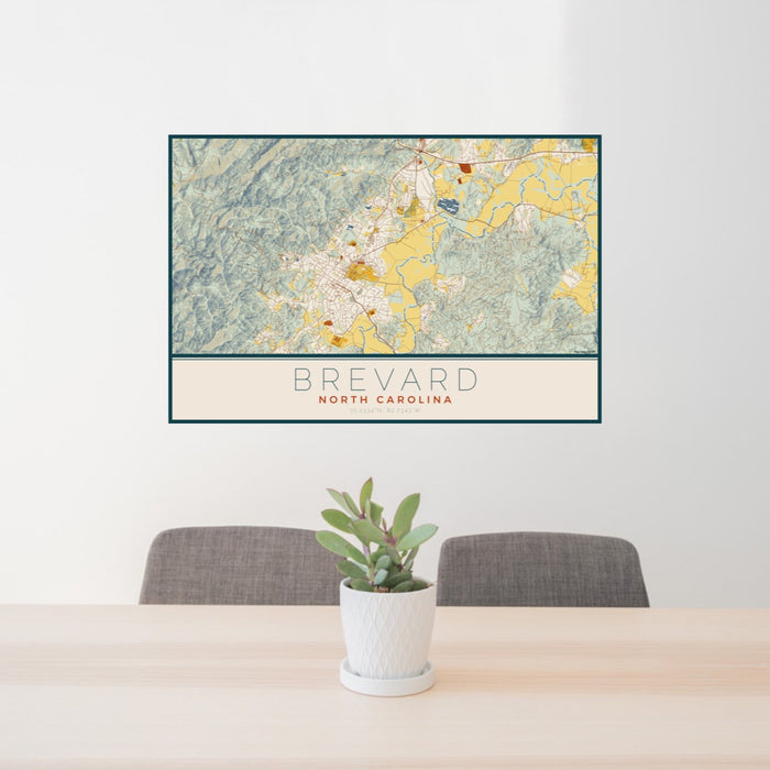 24x36 Brevard North Carolina Map Print Lanscape Orientation in Woodblock Style Behind 2 Chairs Table and Potted Plant