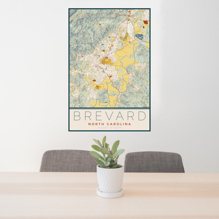 24x36 Brevard North Carolina Map Print Portrait Orientation in Woodblock Style Behind 2 Chairs Table and Potted Plant