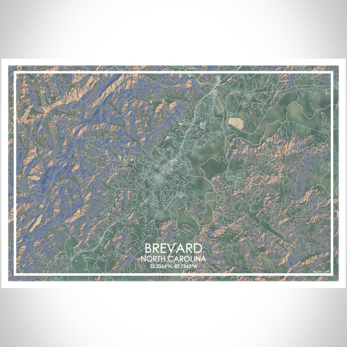 Brevard North Carolina Map Print Landscape Orientation in Afternoon Style With Shaded Background