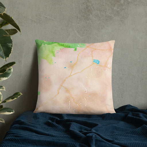 Custom Brevard North Carolina Map Throw Pillow in Watercolor on Bedding Against Wall