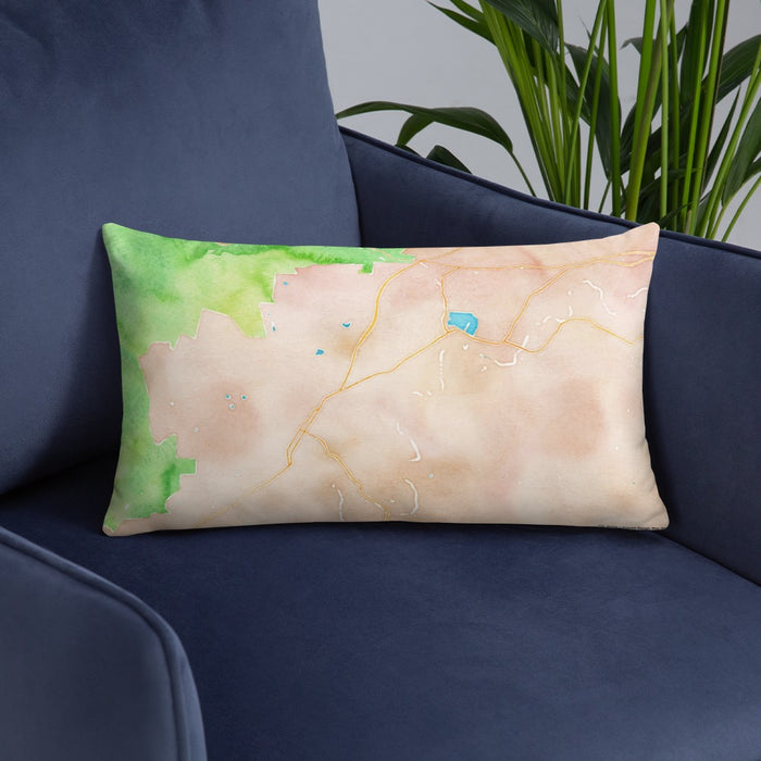 Custom Brevard North Carolina Map Throw Pillow in Watercolor on Blue Colored Chair