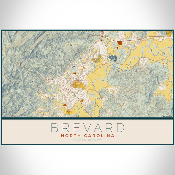 Brevard North Carolina Map Print Landscape Orientation in Woodblock Style With Shaded Background