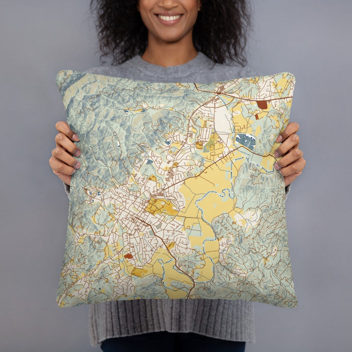 Person holding 18x18 Custom Brevard North Carolina Map Throw Pillow in Woodblock