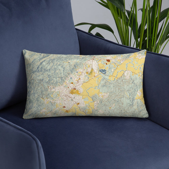 Custom Brevard North Carolina Map Throw Pillow in Woodblock on Blue Colored Chair