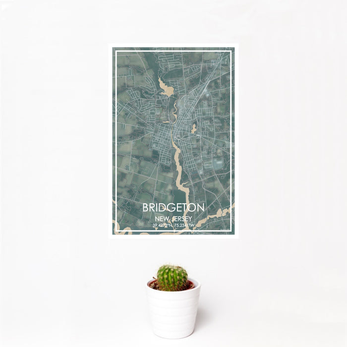 12x18 Bridgeton New Jersey Map Print Portrait Orientation in Afternoon Style With Small Cactus Plant in White Planter