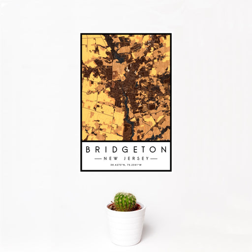 12x18 Bridgeton New Jersey Map Print Portrait Orientation in Ember Style With Small Cactus Plant in White Planter