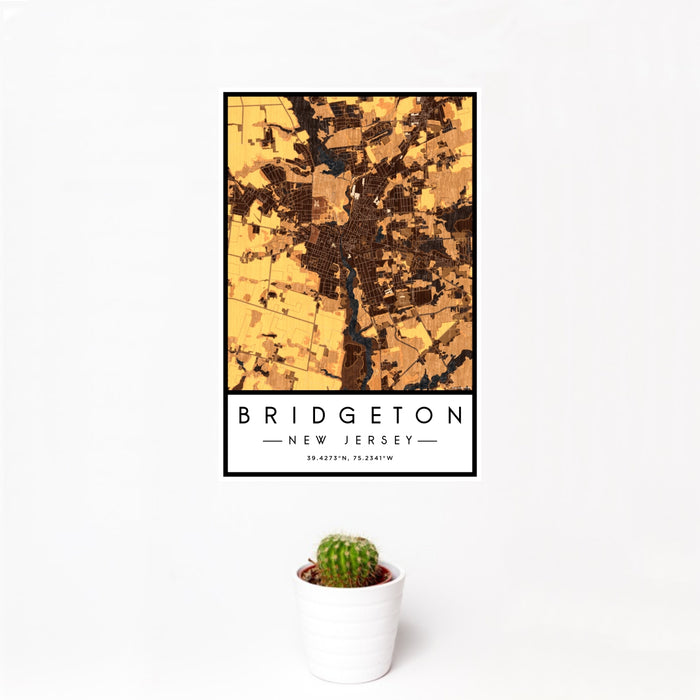 12x18 Bridgeton New Jersey Map Print Portrait Orientation in Ember Style With Small Cactus Plant in White Planter