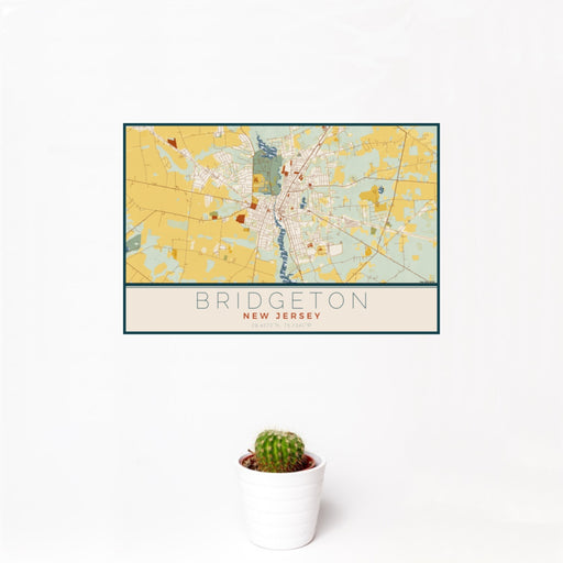 12x18 Bridgeton New Jersey Map Print Landscape Orientation in Woodblock Style With Small Cactus Plant in White Planter