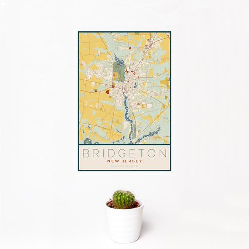 12x18 Bridgeton New Jersey Map Print Portrait Orientation in Woodblock Style With Small Cactus Plant in White Planter