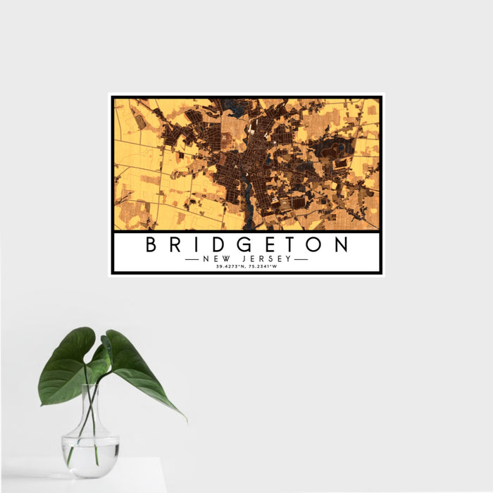 16x24 Bridgeton New Jersey Map Print Landscape Orientation in Ember Style With Tropical Plant Leaves in Water