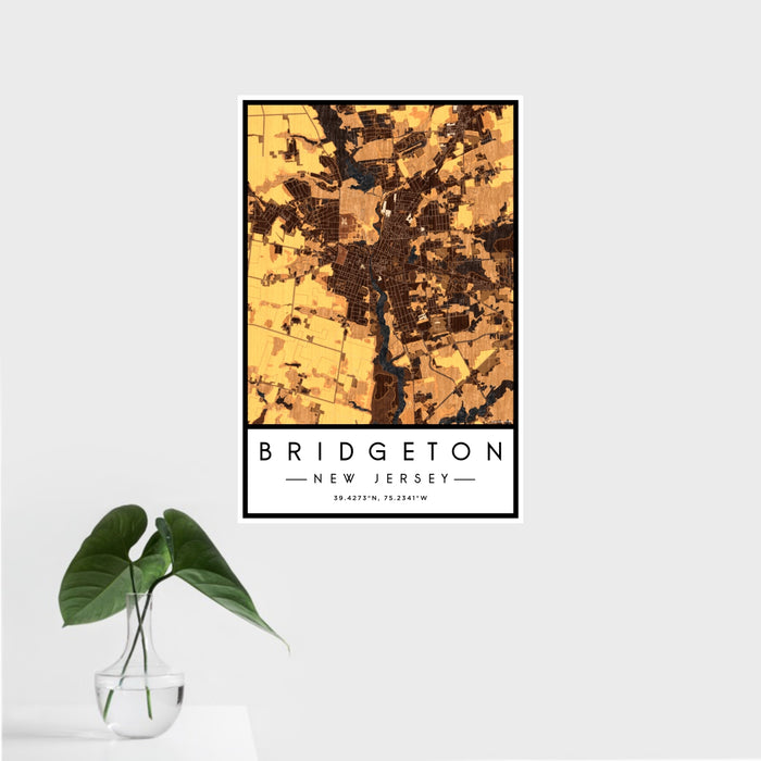 16x24 Bridgeton New Jersey Map Print Portrait Orientation in Ember Style With Tropical Plant Leaves in Water