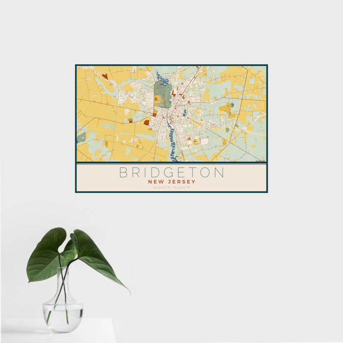 16x24 Bridgeton New Jersey Map Print Landscape Orientation in Woodblock Style With Tropical Plant Leaves in Water