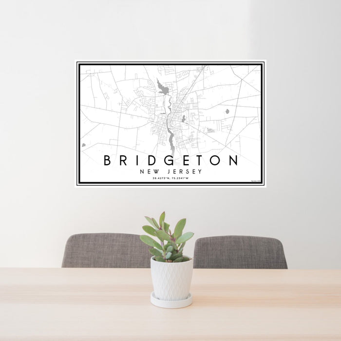 24x36 Bridgeton New Jersey Map Print Lanscape Orientation in Classic Style Behind 2 Chairs Table and Potted Plant