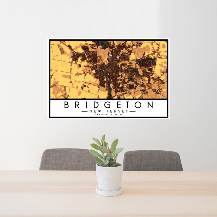 24x36 Bridgeton New Jersey Map Print Lanscape Orientation in Ember Style Behind 2 Chairs Table and Potted Plant