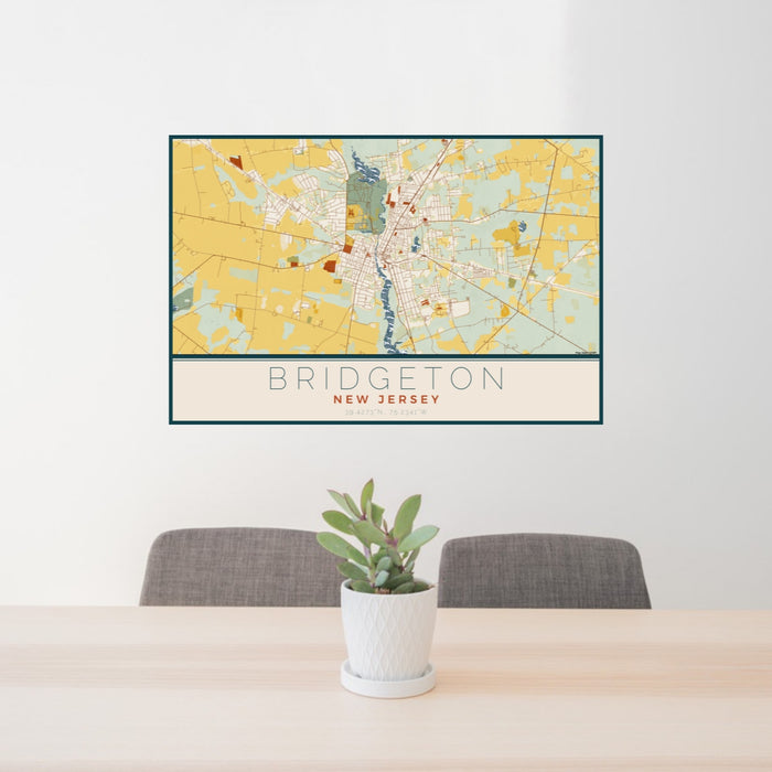 24x36 Bridgeton New Jersey Map Print Lanscape Orientation in Woodblock Style Behind 2 Chairs Table and Potted Plant