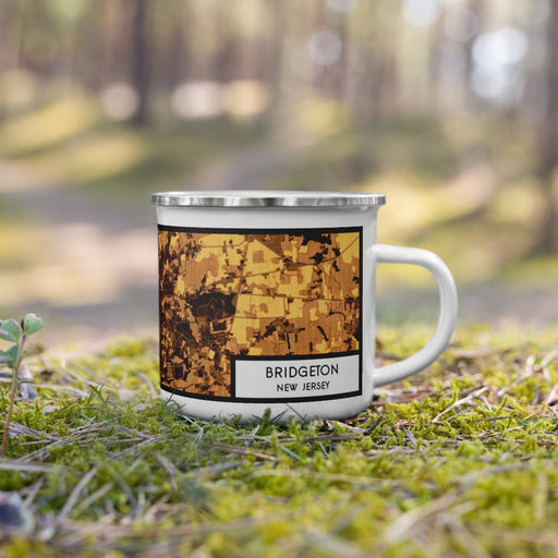 Right View Custom Bridgeton New Jersey Map Enamel Mug in Ember on Grass With Trees in Background