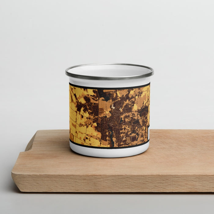 Front View Custom Bridgeton New Jersey Map Enamel Mug in Ember on Cutting Board