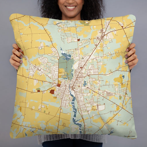 Person holding 22x22 Custom Bridgeton New Jersey Map Throw Pillow in Woodblock