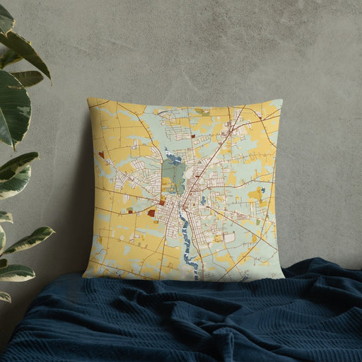 Custom Bridgeton New Jersey Map Throw Pillow in Woodblock on Bedding Against Wall
