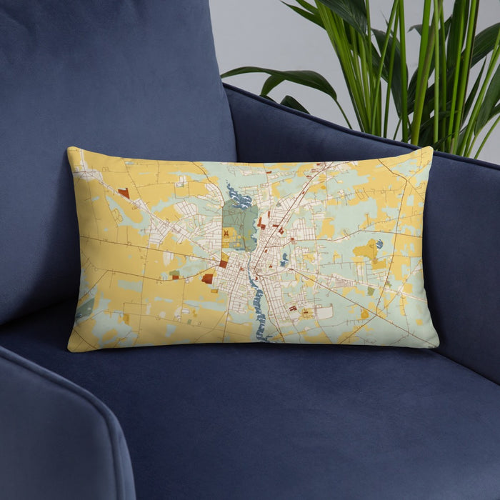 Custom Bridgeton New Jersey Map Throw Pillow in Woodblock on Blue Colored Chair