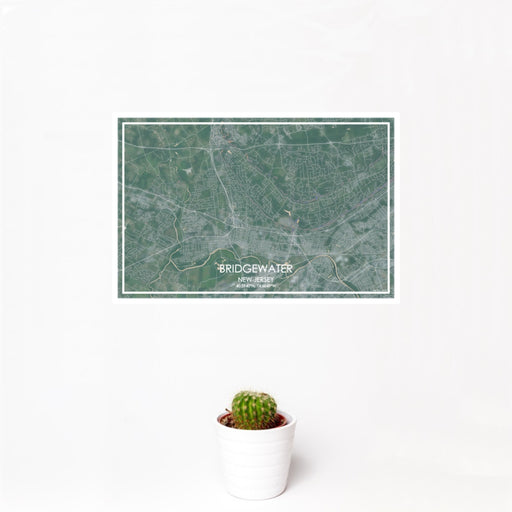 12x18 Bridgewater New Jersey Map Print Landscape Orientation in Afternoon Style With Small Cactus Plant in White Planter