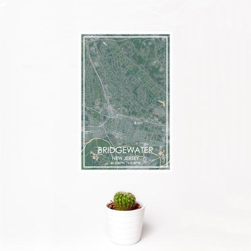 12x18 Bridgewater New Jersey Map Print Portrait Orientation in Afternoon Style With Small Cactus Plant in White Planter
