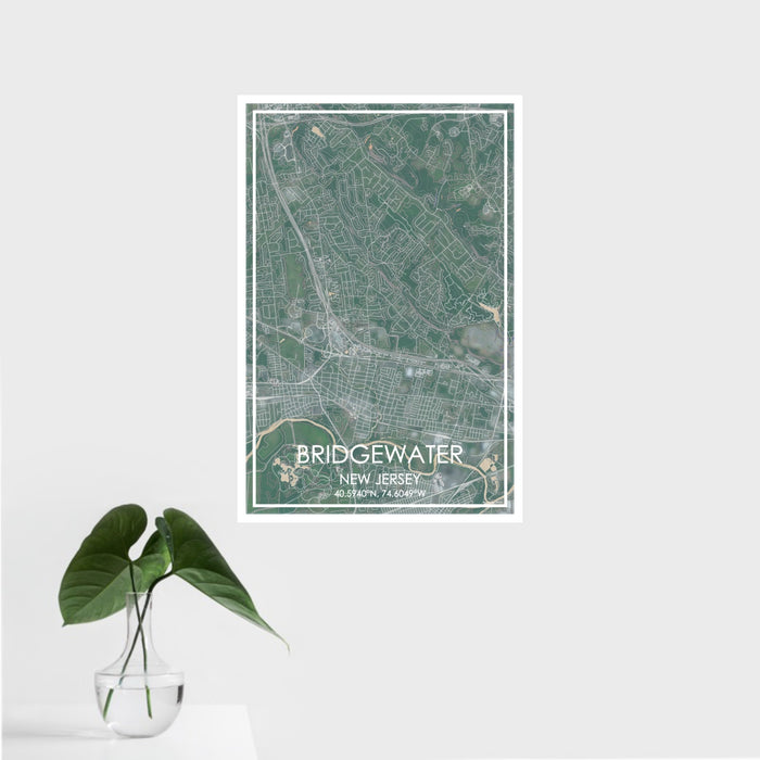 16x24 Bridgewater New Jersey Map Print Portrait Orientation in Afternoon Style With Tropical Plant Leaves in Water