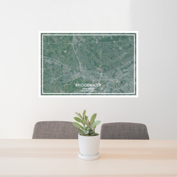 24x36 Bridgewater New Jersey Map Print Lanscape Orientation in Afternoon Style Behind 2 Chairs Table and Potted Plant