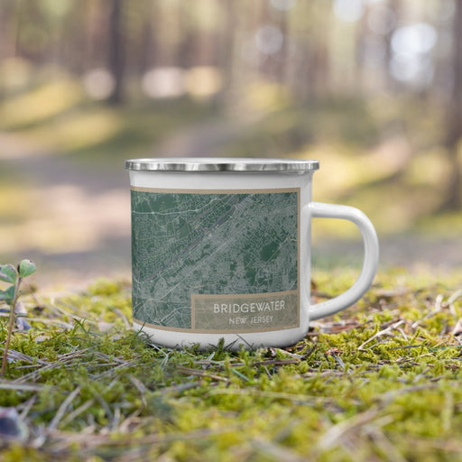 Right View Custom Bridgewater New Jersey Map Enamel Mug in Afternoon on Grass With Trees in Background