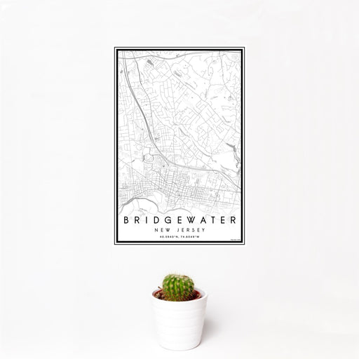12x18 Bridgewater New Jersey Map Print Portrait Orientation in Classic Style With Small Cactus Plant in White Planter