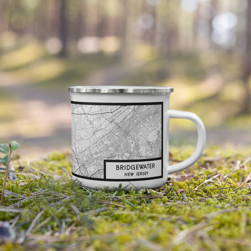Right View Custom Bridgewater New Jersey Map Enamel Mug in Classic on Grass With Trees in Background
