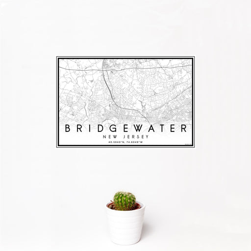 12x18 Bridgewater New Jersey Map Print Landscape Orientation in Classic Style With Small Cactus Plant in White Planter