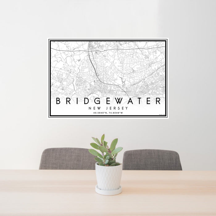 24x36 Bridgewater New Jersey Map Print Landscape Orientation in Classic Style Behind 2 Chairs Table and Potted Plant