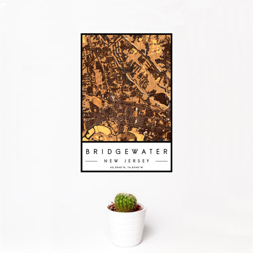 12x18 Bridgewater New Jersey Map Print Portrait Orientation in Ember Style With Small Cactus Plant in White Planter