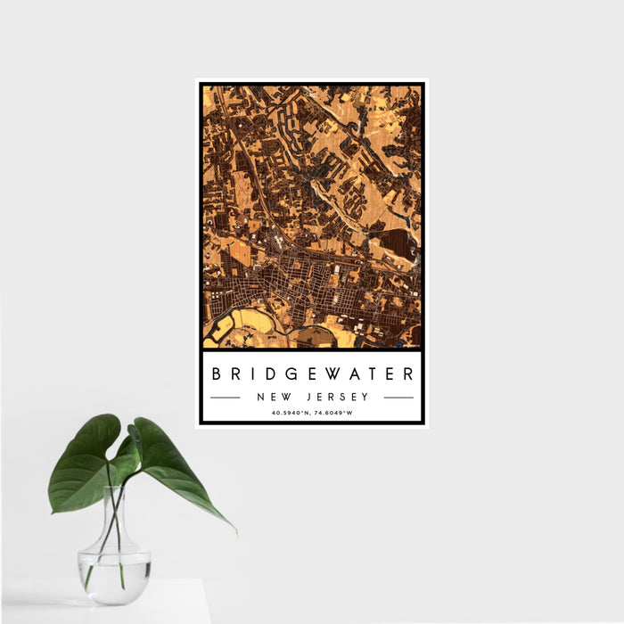 16x24 Bridgewater New Jersey Map Print Portrait Orientation in Ember Style With Tropical Plant Leaves in Water