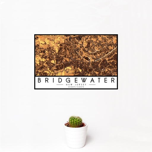 12x18 Bridgewater New Jersey Map Print Landscape Orientation in Ember Style With Small Cactus Plant in White Planter