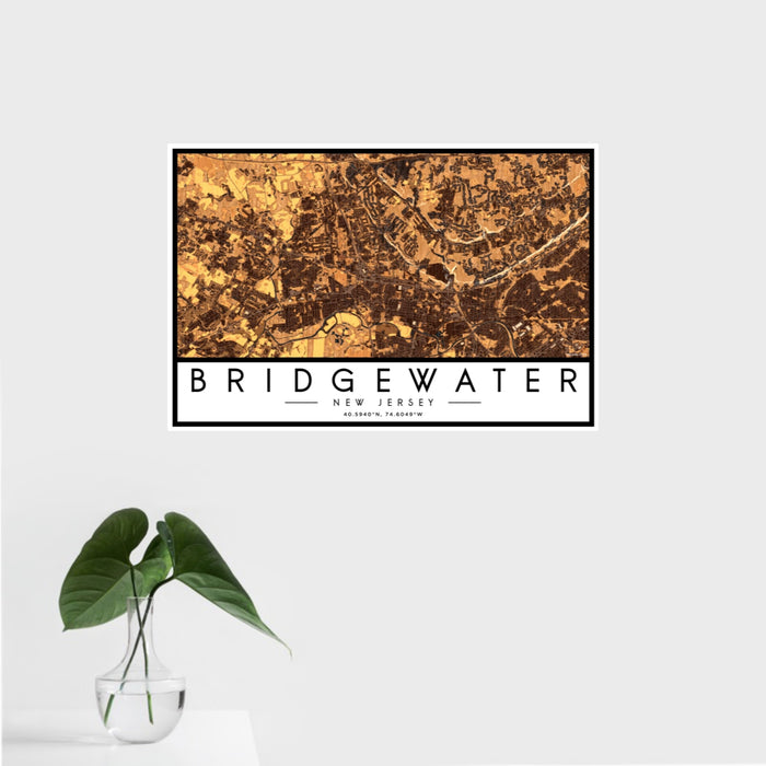 16x24 Bridgewater New Jersey Map Print Landscape Orientation in Ember Style With Tropical Plant Leaves in Water