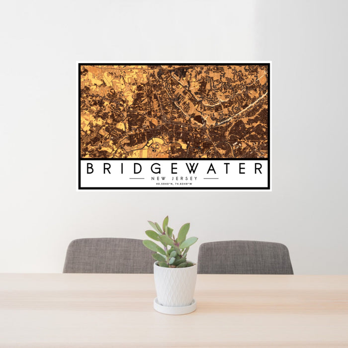 24x36 Bridgewater New Jersey Map Print Landscape Orientation in Ember Style Behind 2 Chairs Table and Potted Plant