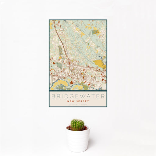 12x18 Bridgewater New Jersey Map Print Portrait Orientation in Woodblock Style With Small Cactus Plant in White Planter